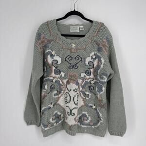 Vintage grandma sweater womens medium M hand knitted embroidered relaxed 80s 90s